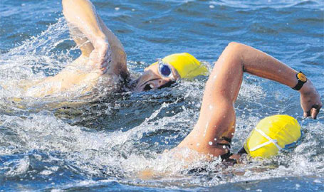 Teilnehmer des Vilm-Schwimmens, die nicht allein unterwegs waren, konnten sich gegenseitig anspornen und mitziehen.